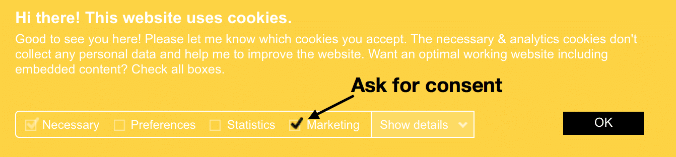 Example of marketing cookies consent box for GDPR
