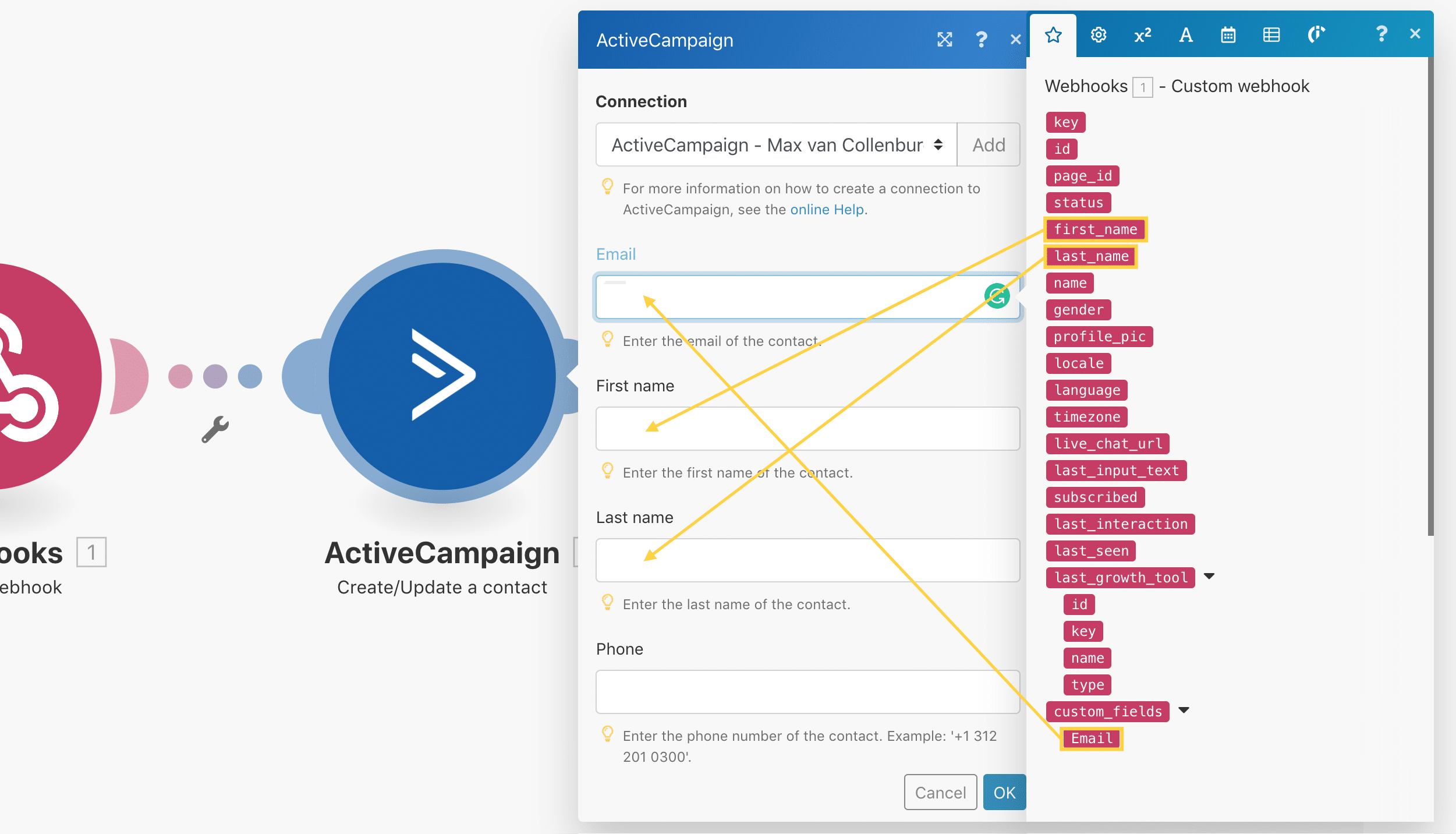 add data to activecampaign step