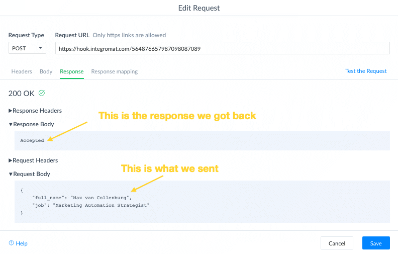 ManyChat External Request: response example