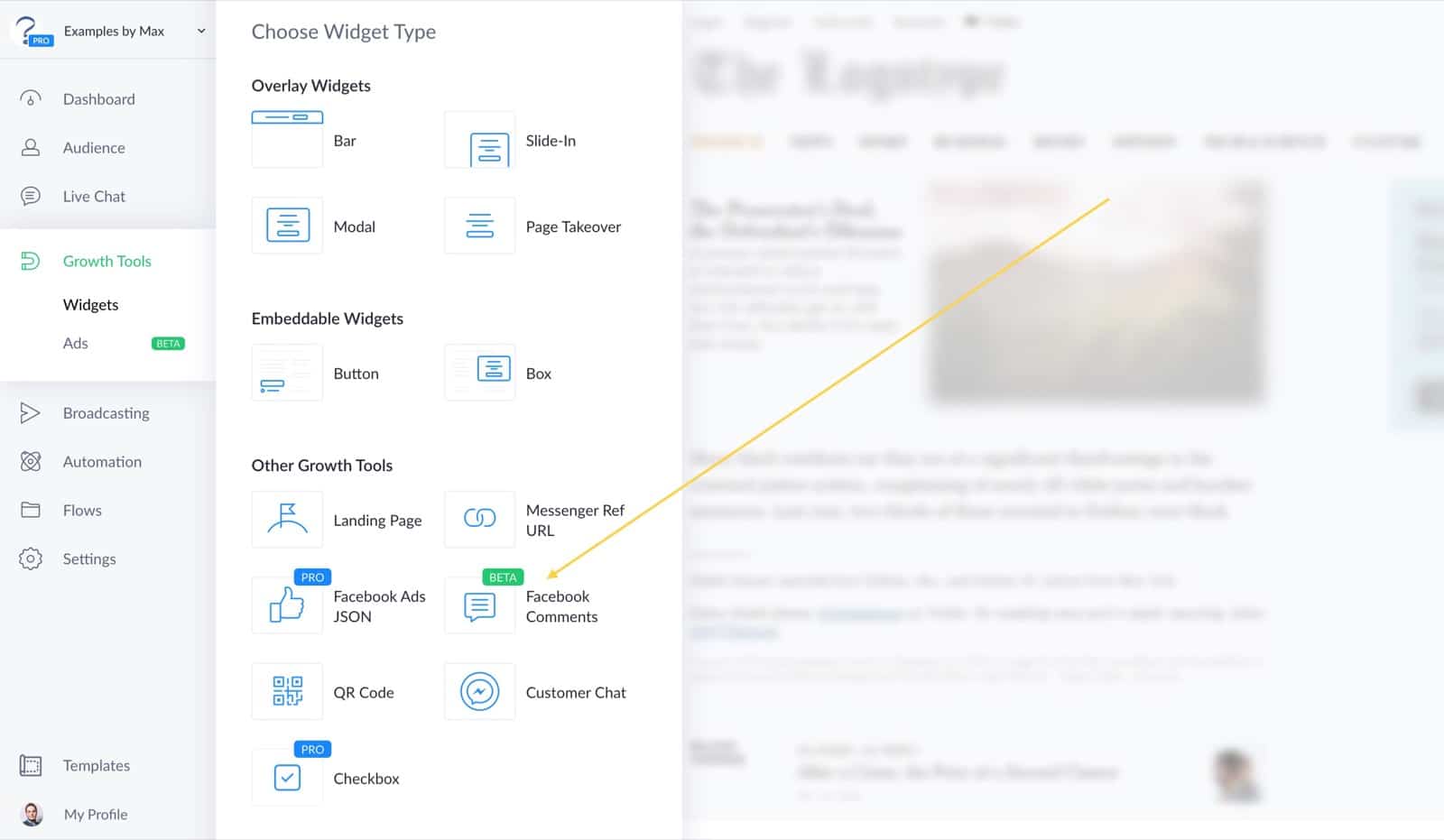 choose widget type comment growth tool